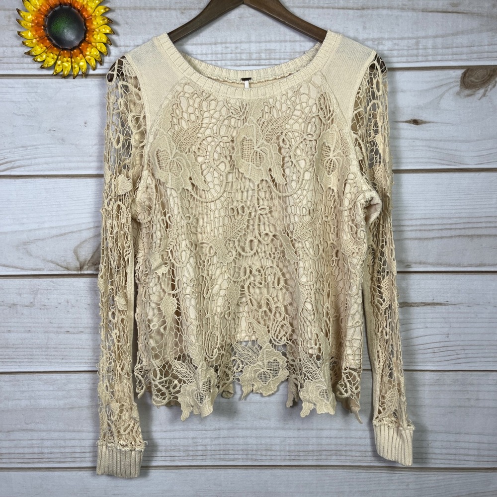 Free People Cream Crochet Lace Open Back Long Sleeve Statement Top Small Blouse